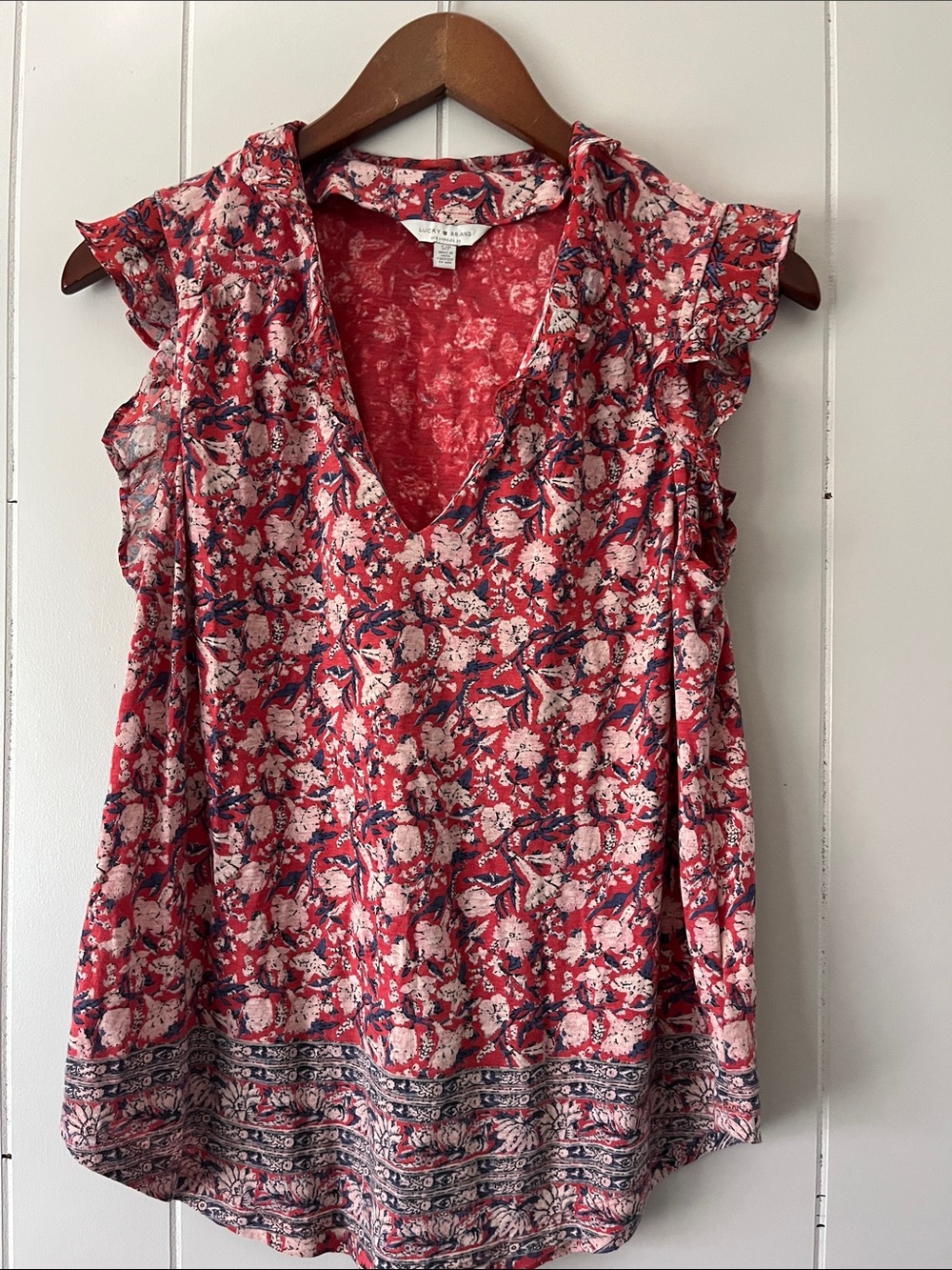 LOFT Red Floral V-Neck Ruffle Sleeve Tank